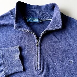 Hackett London Sweater Mens XL Navy 1/4 Zip Cotton Silk Jumper Golf Casual
